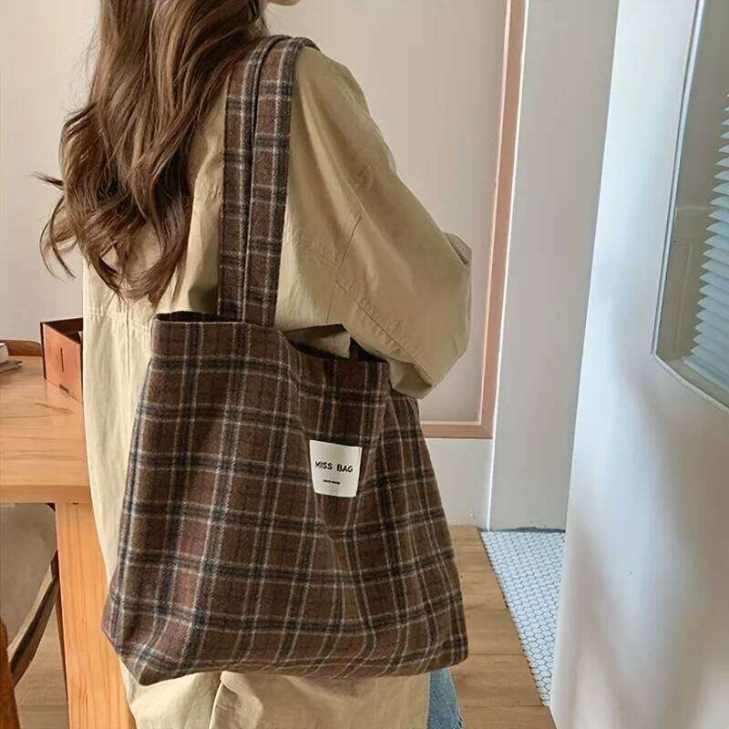 Autumn and winter checkered tote ins laid-back single-shoulder bag, large-capacity handbag, for daily commuting Z260224