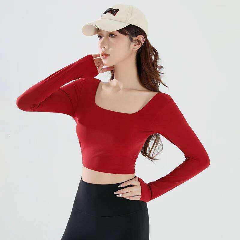 Sexy Short less Fixed Chest Pad Sports T-shirt Women's Tight Long Sleeves Quick Drying Slimming Yoga Suit Top Gym Clothing 26Y0224