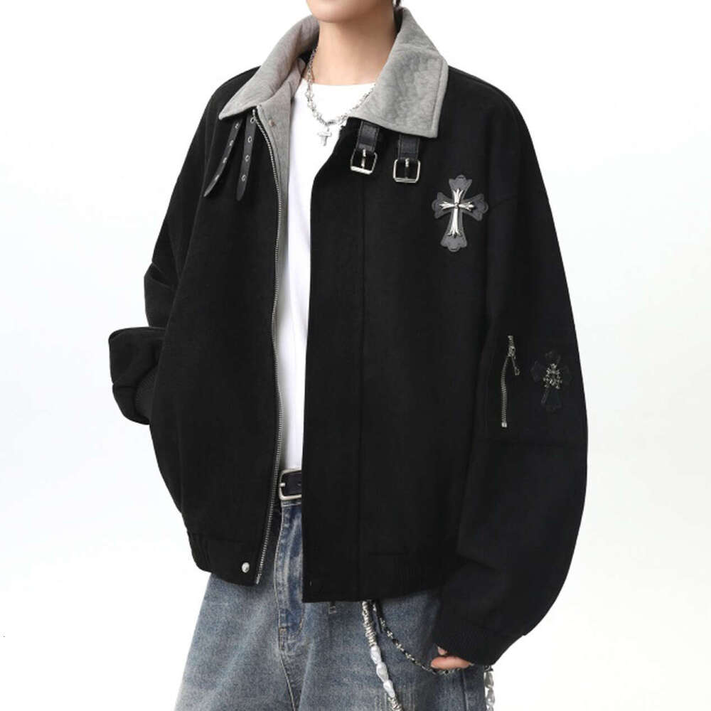 American-Style Cross-Stitch Embroidered Lapel Jacket For Men, Spring High-Street Loose-Fit Design Coat, Trendy Brand, Stylish Short Top