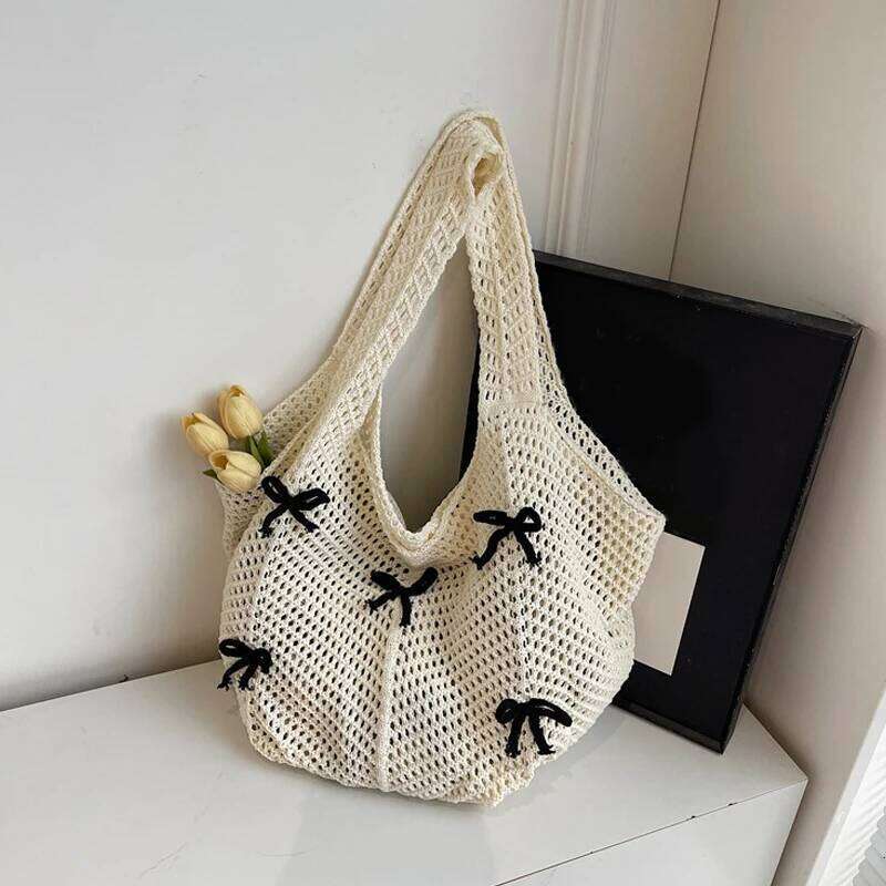 New Khaki Bow Vintage Knit High Quality Woven Large Capacity Daily Wear Shoulder Bag Ladies Hand Bags Z260224