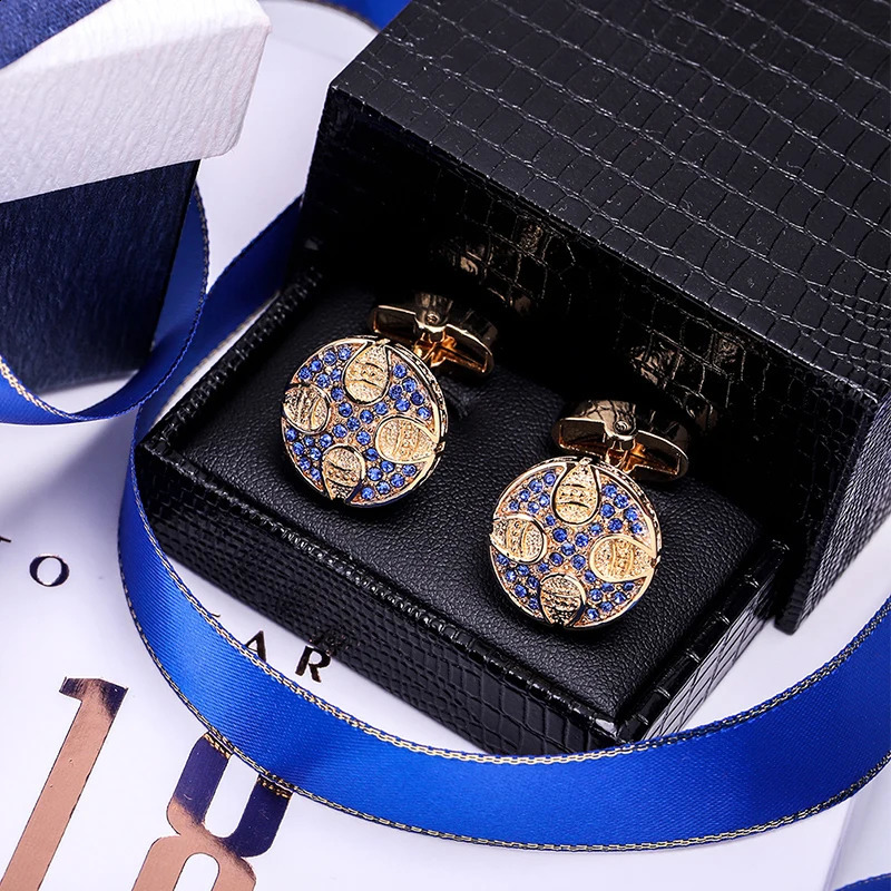 KFLK Cuff Links For Men Retro Round Blue Crystal Cufflinks Shirt Cross Button High Quality Wedding Guests 260208