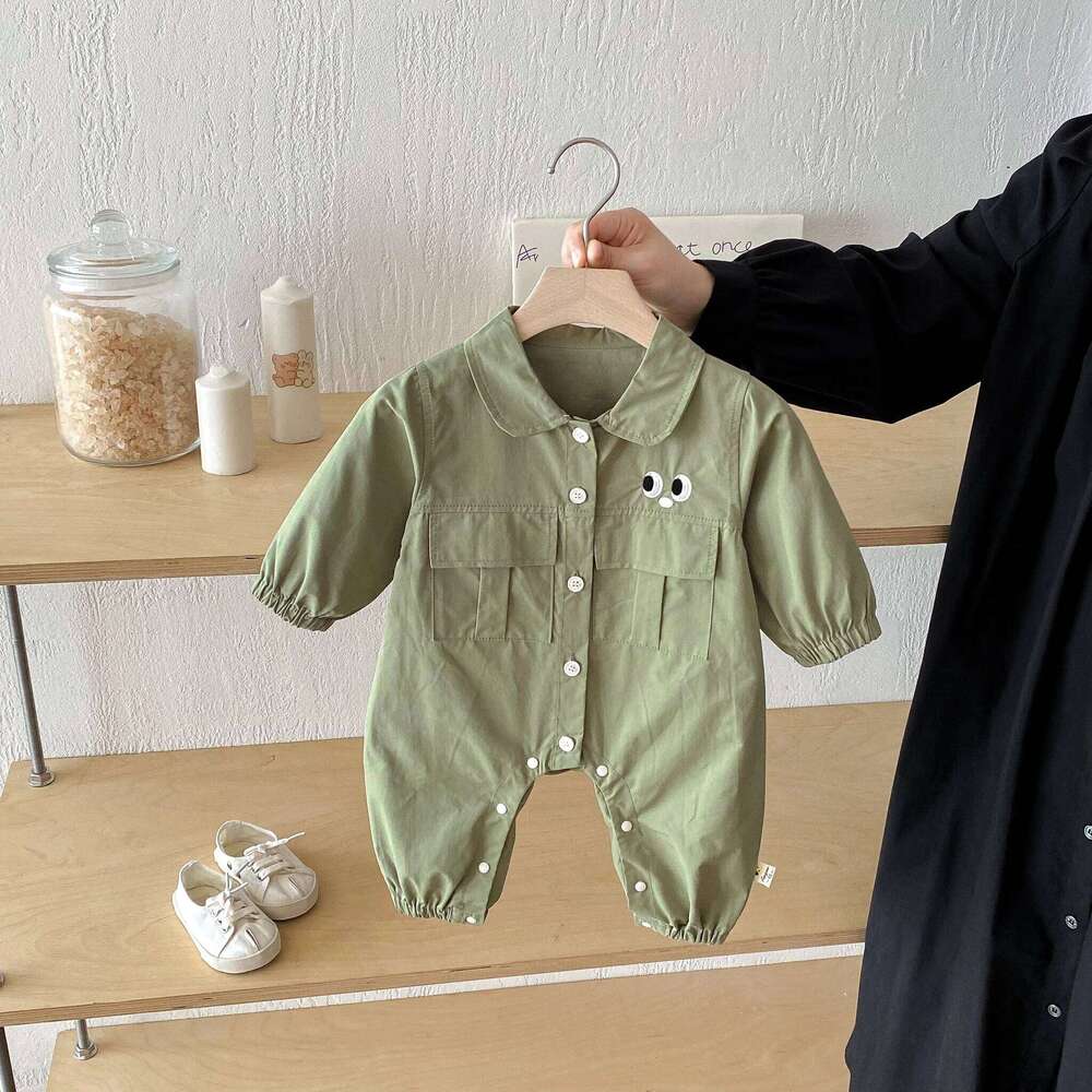 Baby jumpsuits, long-sleeved lapel jumpsuits for both boys and girls in autumn, large-pocket workwear, one-piece crawling suits, 26Y0224