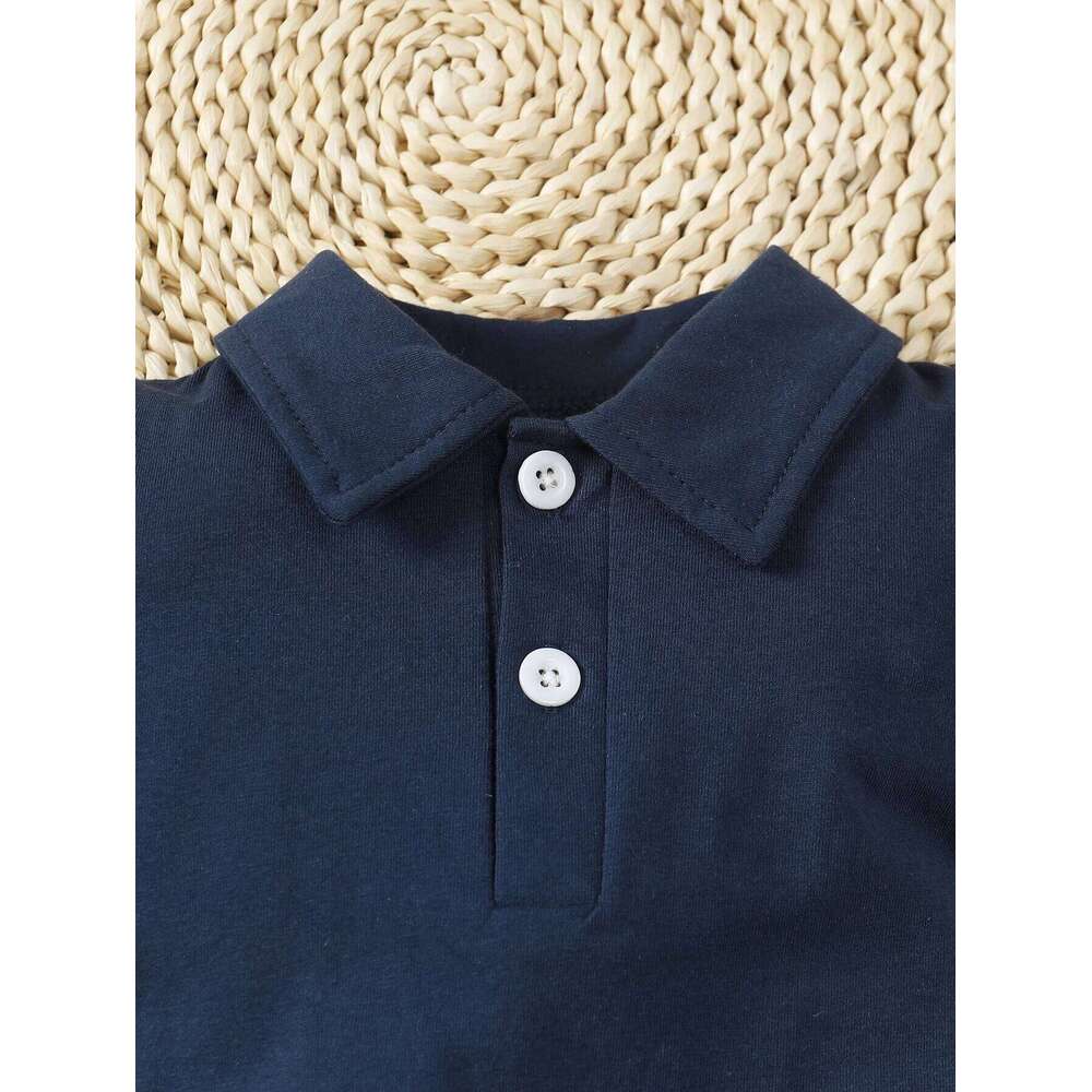 Summer Baby Boy 2pcs Cute Casual Solid Color And Striped Collared Short Sleeve Romper With Button Closure 26Y0224