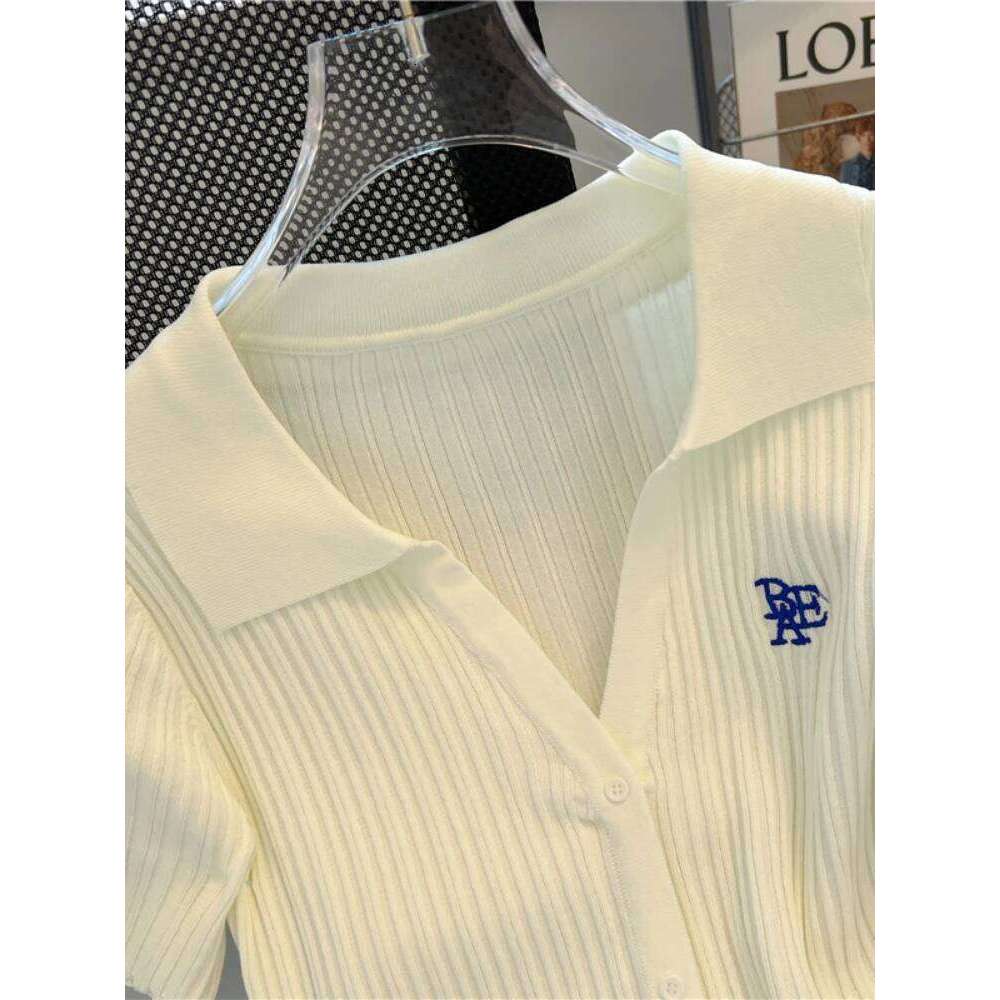 Summer Yellow Knitted Polo Shirt Women's 2024 New French V-Neck Letters High Waist Slim-Fit Ice Silk Top Short-Sleeved T-Shirt 26W0224