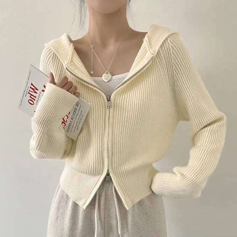 Hooded Cardigan for Women Long Sleeve Fuzzy Zip Up Knit Crop Sweater Jacket Fall Winter Teen-girl Y2K Acubi Outfit 26L0224