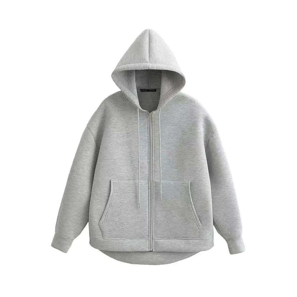 Mardi Hefxessdr HH Autumn Women Gray With Hood Lon Sleeve Bi Pocet Zipper Jacet Woman Loose Casual Outerwear Coat Tops