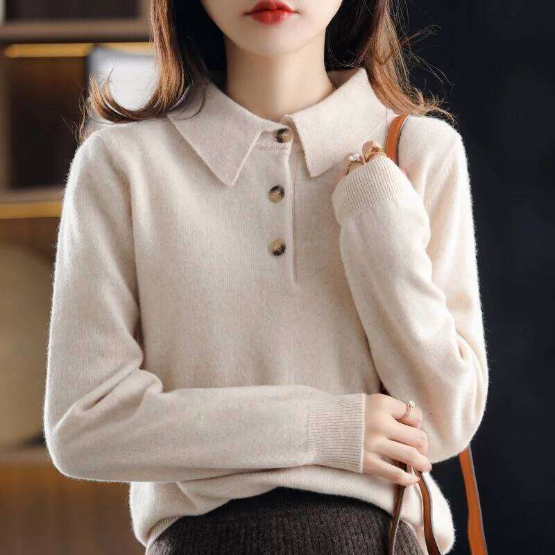 POLO Collar Sweater Solid Color Pullover Base Shirt for Women New Style 26W0224