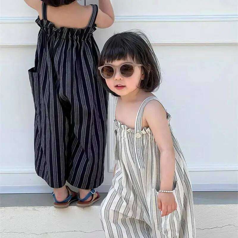 Girls' Rompers With Vertical Stripes And Double Pockets New Fashion Casual Shoulder Pants For Summer Loose Baby Kids Jumpsuit 26H0224