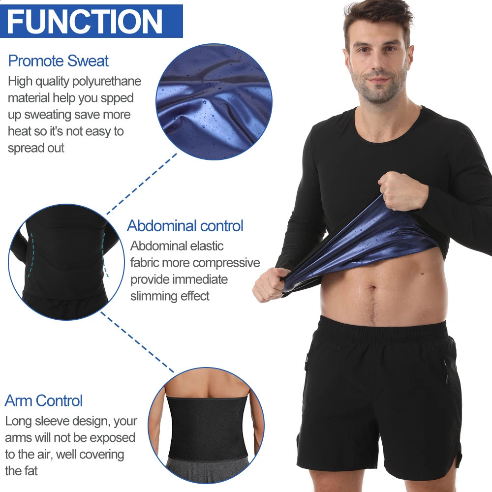 Long Sleeve Mens Sauna Top Gym Exercise Fat Burning T-shirt Round Neck 5 Times Sweat Black S-3XL Stretch Sports Clothes 260129