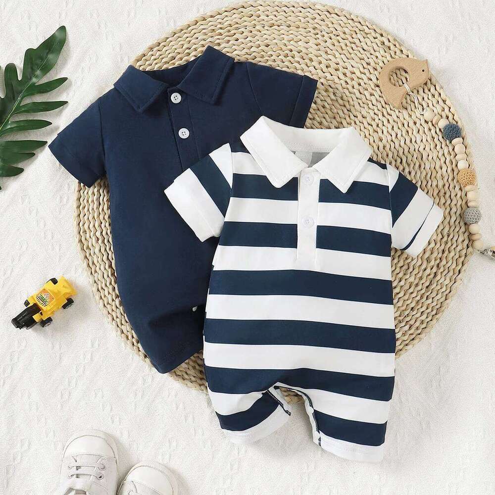 Summer Baby Boy 2pcs Cute Casual Solid Color And Striped Collared Short Sleeve Romper With Button Closure 26Y0224