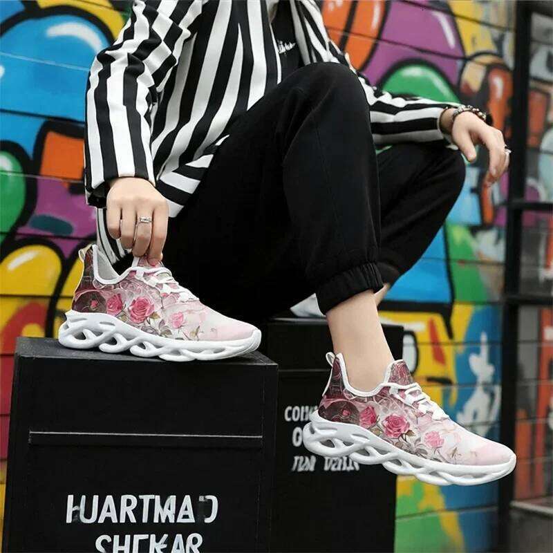 Womens Men Anti Slip Lightweight Breathable Printed Pattern Running Comfortable Canvas Shoes Flats Casual Sneakers