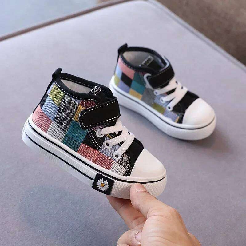 Children New Fashion Canvas Boys Girls Flower Plaid Prints Board High Top Soft Sole Non Slip Hook and Loop Shoes 26W0224