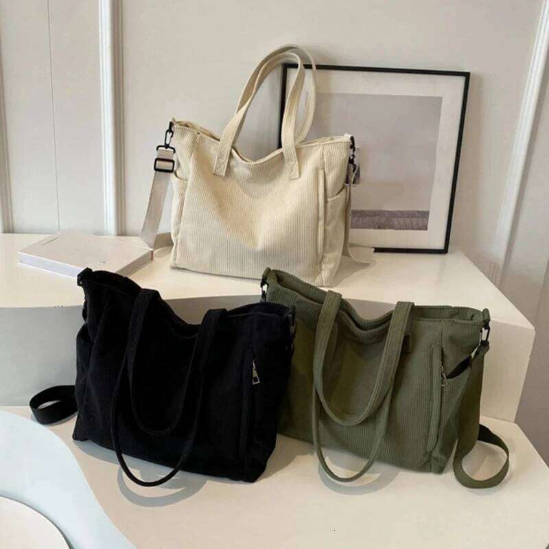 Fashionable Striped Velvet Handbag Simple Style Corduroy Shoulder Solid Color Large Capacity Commuting Women's Tote Bag Z260224