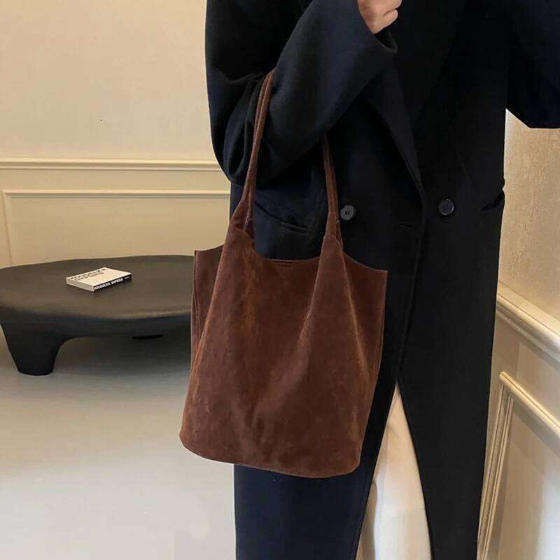 Retro Suede Tote Bag For Women Textured Solid Casual Commuting Shoulder Bags Autumn Winter Large Capacity Shopping Handbags Z260224