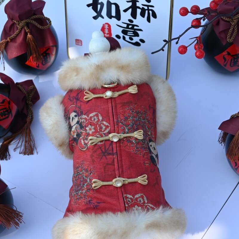 Dog Tang Suit Winter Fleece Warm Pet Clothes Festive Lion Dance Teddy Pomeranian Corgi Small Medium Dogs