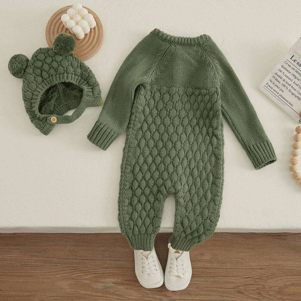 VISgogo Baby 2PCS Winter Jumpsuit Outfits Infant Boys Girls Clothes Long Sleeve Solid Color Knitted Romper + Bear Hat Set 26Y0224
