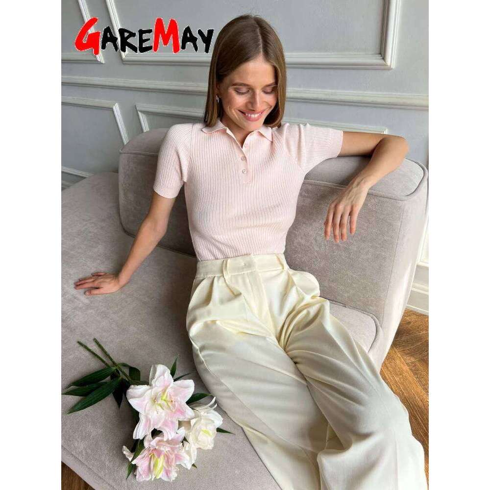 Women's Knitted T-shirt Green Elegant Short Sleeve Summer Top Ribbed Sweater Slim Basic Polo with Collar for Women 26W0224