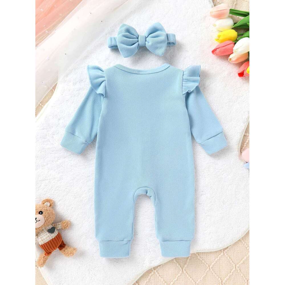 Infant Boy Autumn Ruffle Long Sleeve Cute Bear Applique Ribbed Bodysuit And Headband Two Piece Set 26H0224