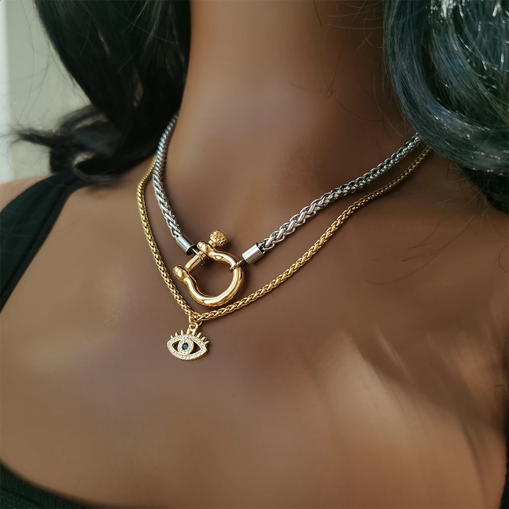 Non Tarnish Waterproof Jewelry 18K Gold Plated Stainless Steel Rope Chain Choker Necklace Two Tone Horseshoe Necklace YF3383 260208