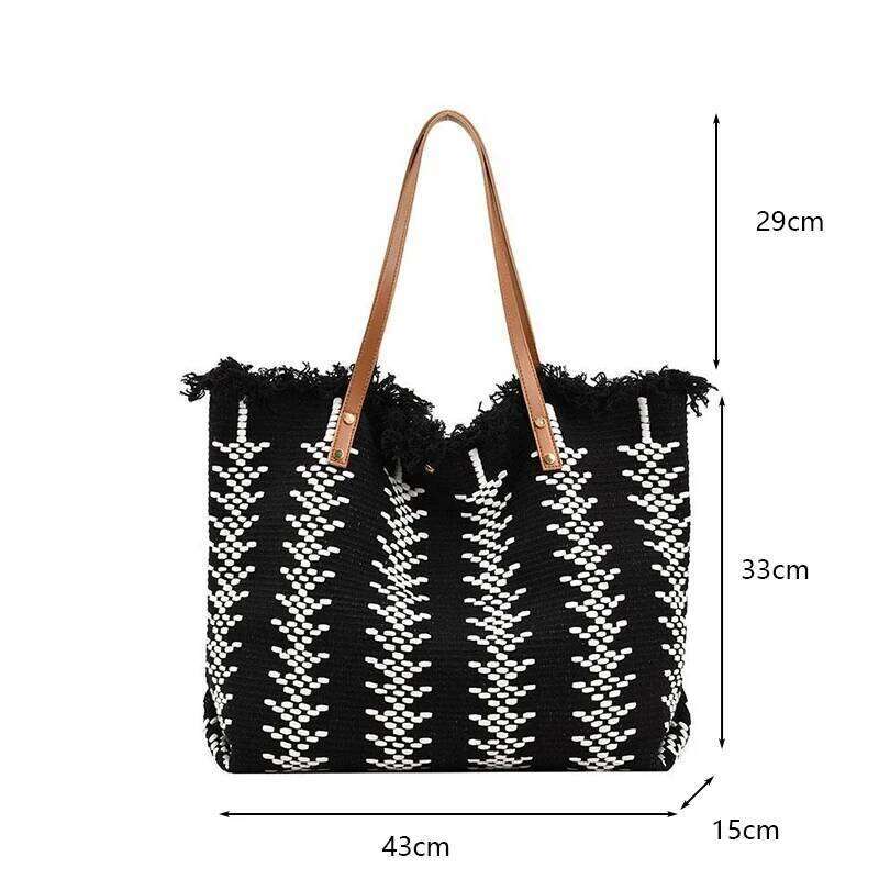 Casual Travel Stripe Design Shoulder New Tassel Handbags Woven Canvas Women's Large Capacity Tote Bag Z260224