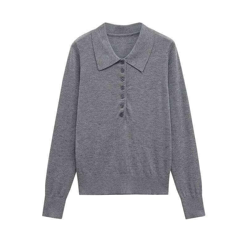 2025 Women Long Sleeve Polo Neck Sweater Casual Gray Autumn Pullover Tops 26W0224