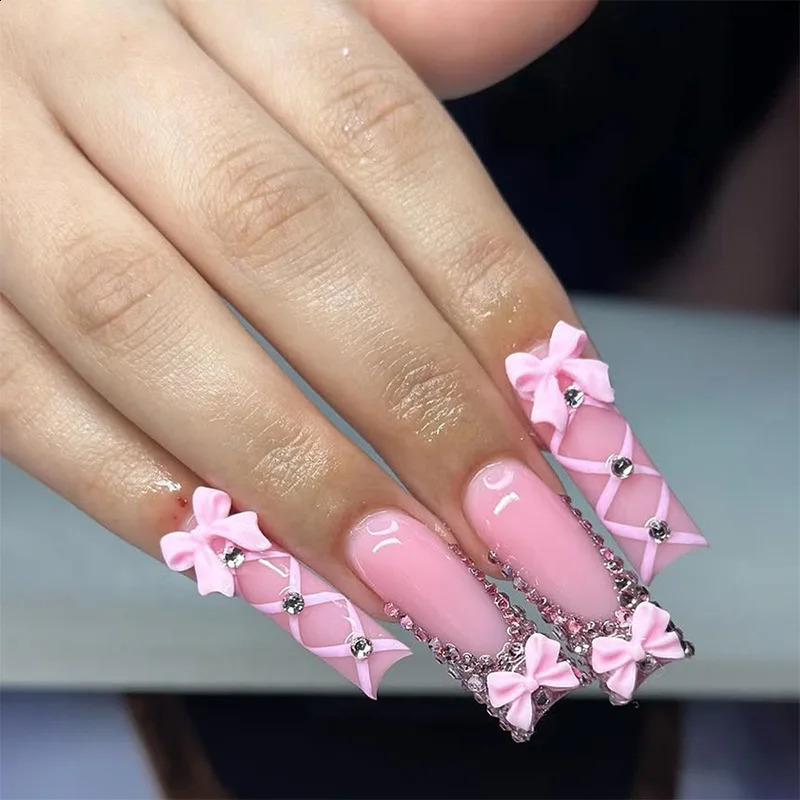24Pcs Long Square Press on Nails Leopard Print French 3D Cherry n False Nail Rhinestone Wearable Full Cover Fake Nails Tips 260209