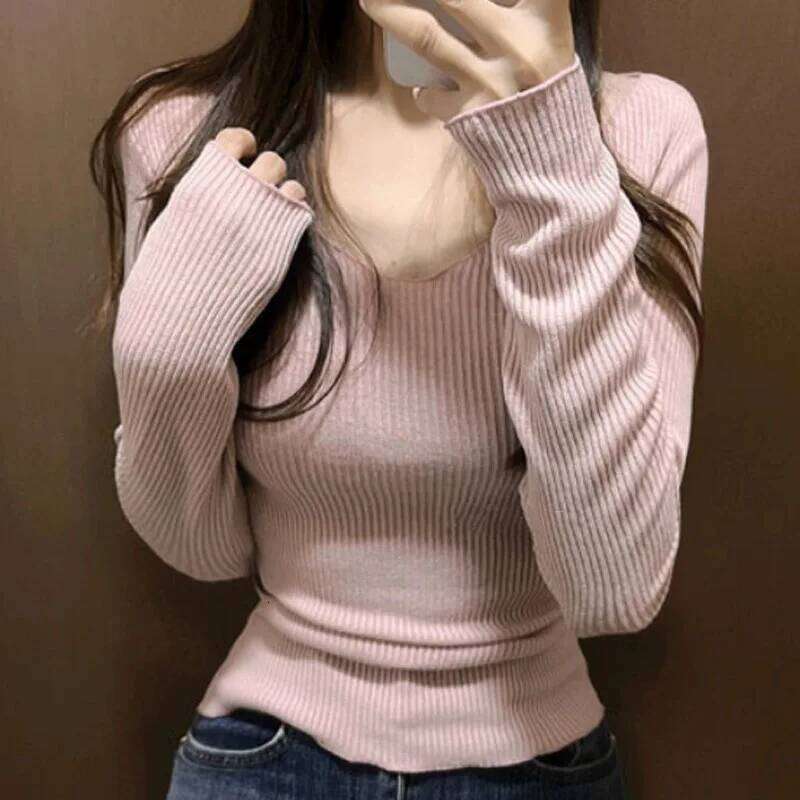 Slim Fit Long Sleeve T-shirt Women Solid Sexy Deep U-Neck Thin Thread Base Layer Shirt Autumn Winter Casual Basic Top Versatile 26L0224