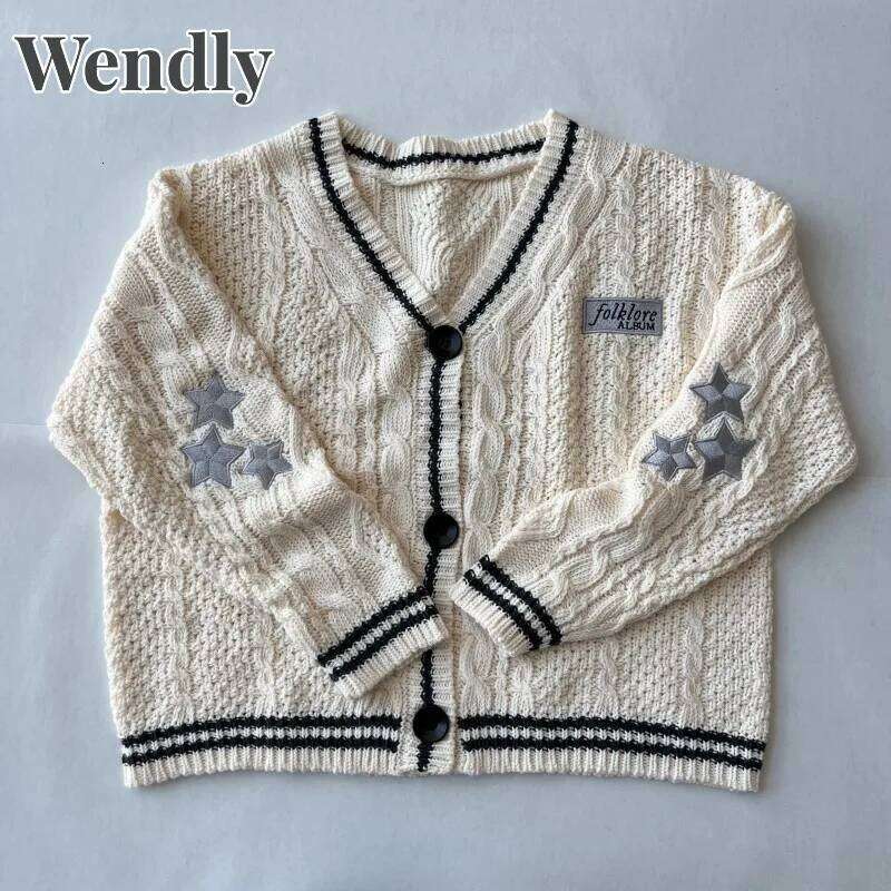 Beige Folklore Cardigan Women Letter Patch with Star Embroidered Knitted Sweater Female Winter Autumn Casual Oversized Cardigans 26L0224