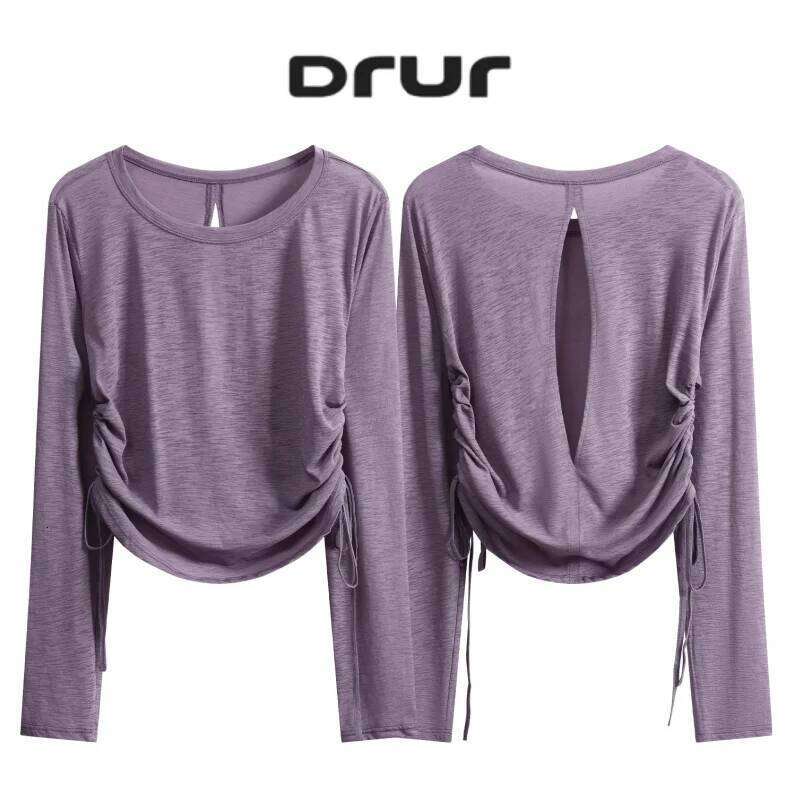 DRUR Elegant Thin Yoga Tops Women With Open Ruched Side Dance Ballet Shirt Casual Long Sleeve Top For Street Travel 26Y0224