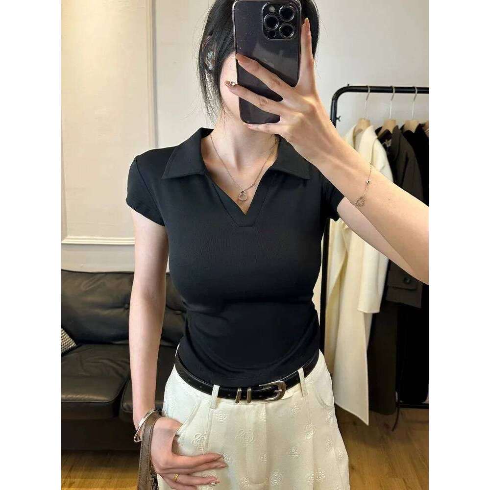 GBG Cotton Summer Sexy Women's T Shirt Skinny Slim Basic Solid Crop Short Sleeve Polo TShirtCasual Top Tee for Women 26W0224