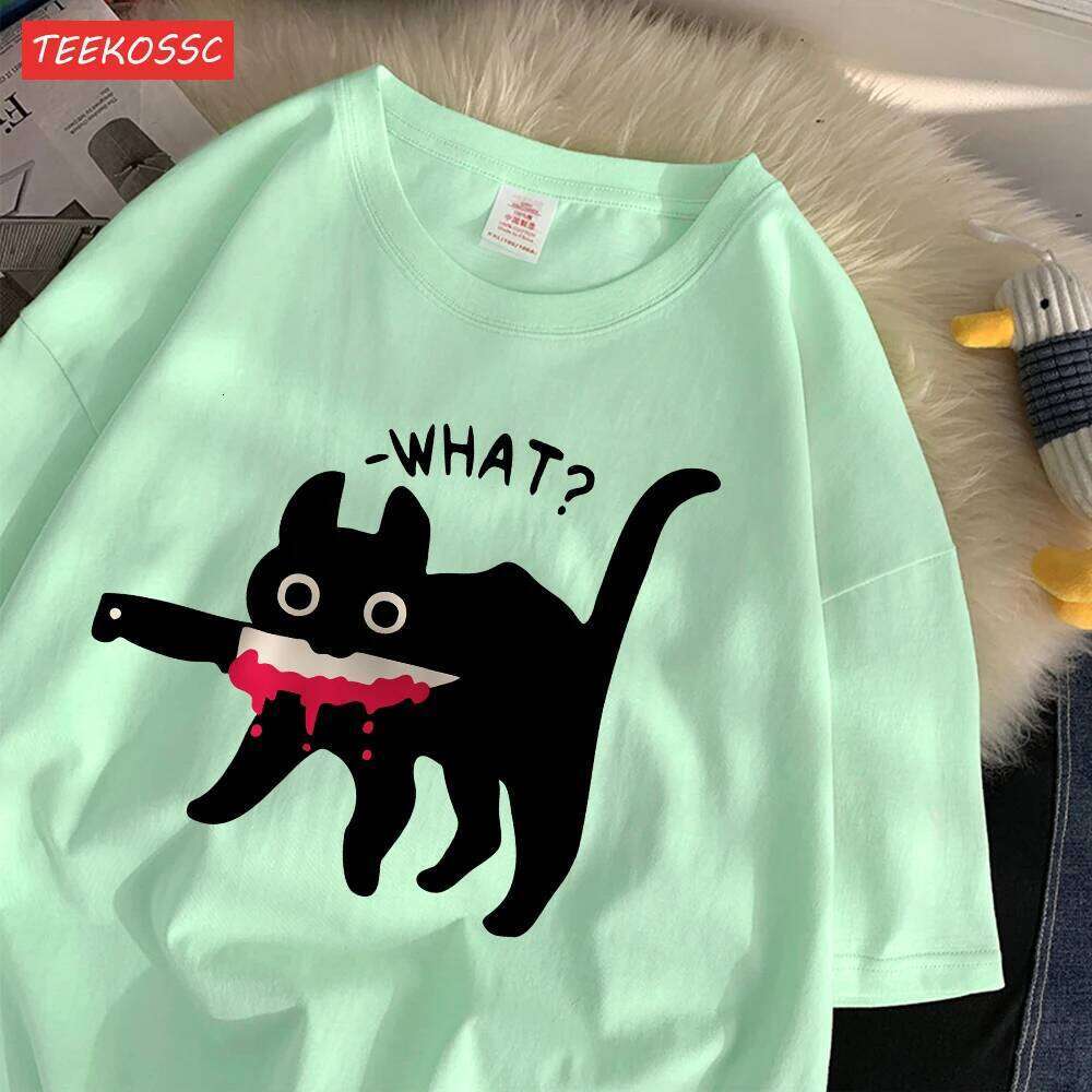 Summer Cotton Women'S T-Shirts Surprised Black Cat Printing Streetwear Breathable Oversize O-Neck Casual Street Female Clothes H260224