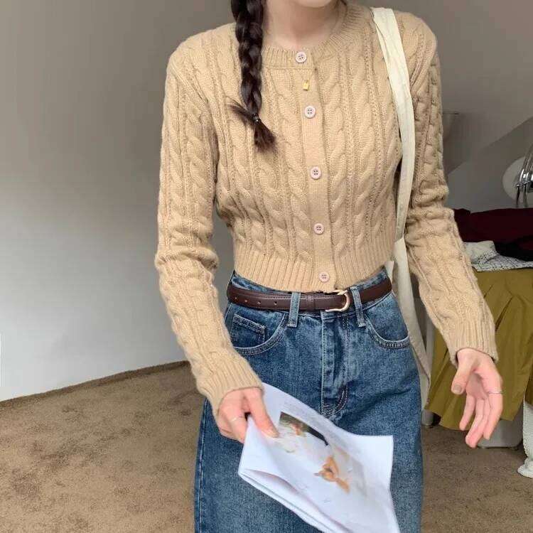 Cable Knit Crop Cardigan for Women Teen-girl Slim-fit Long Sleeve Button Down Sweater Jacket Fall Winter Y2K 90s Acubi Outfit 26L0224