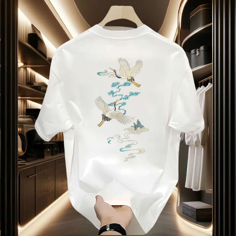 Men's T-shirt Chinese Style Double Crane Cloud Embroidered Loose Fit Exquisite Double Crane And Cloud Print On Back Breathable Comfortable Soft C