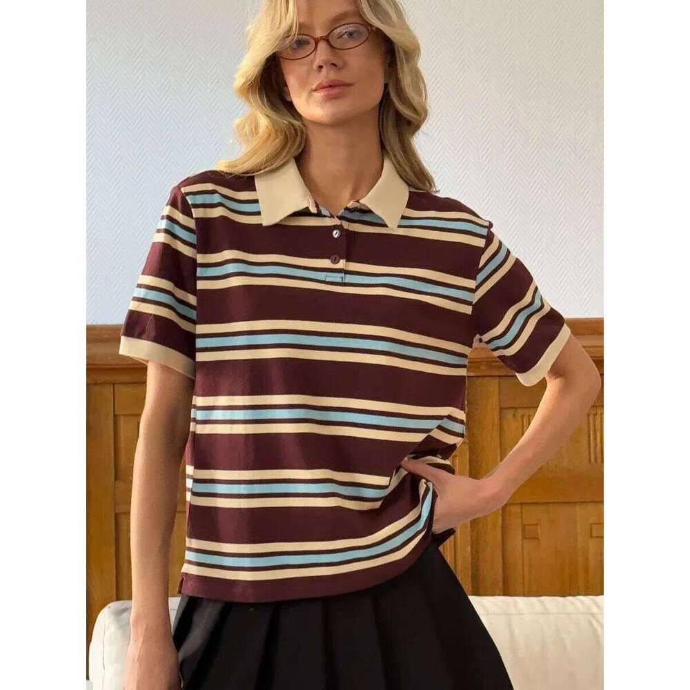 Sumuyoo Women's Retro Striped Polo T-Shirt Loose Fit Short Sleeve Casual Knitted Shirt Fashionable Summer Top for Ladies 26W0224