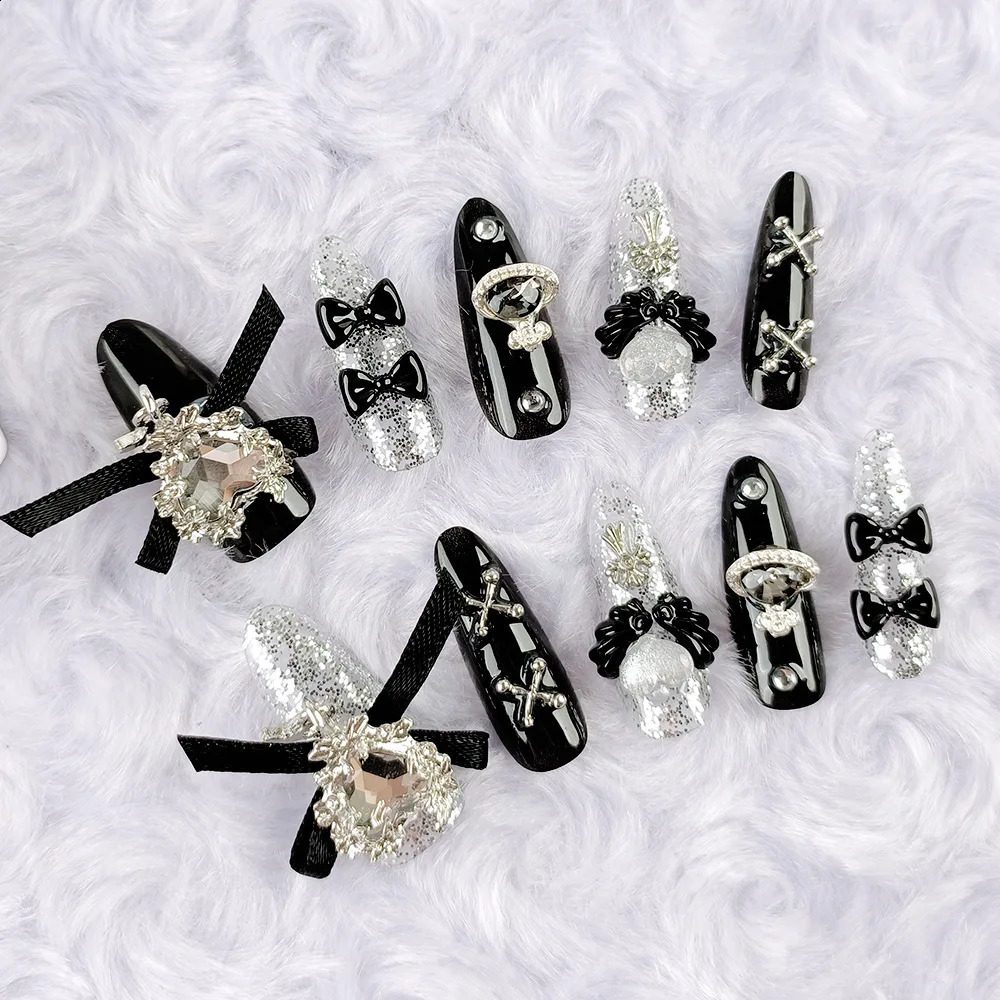 Goldcast Handmade Press on Nails Black Bow Tie Wearable Pink Cute Long False Nails Winter Reusable Full Cover Charm Nails Art 260209