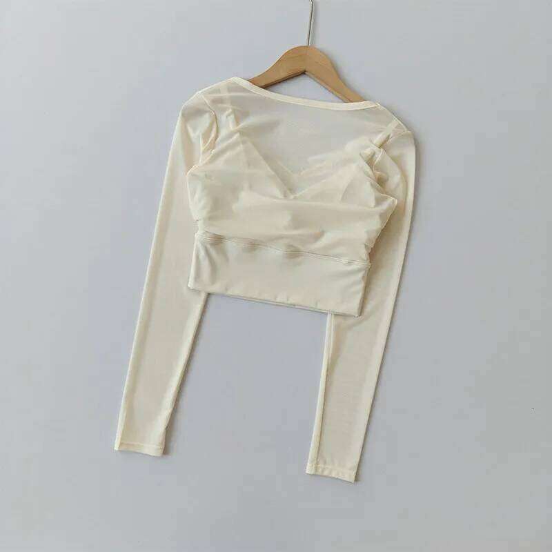 Women's Padded Long Sleeve Yoga Crop Sexy Mesh Gym Running Workout Sports Top with Pockets for Fitness Pilates Shirt 26Y0224