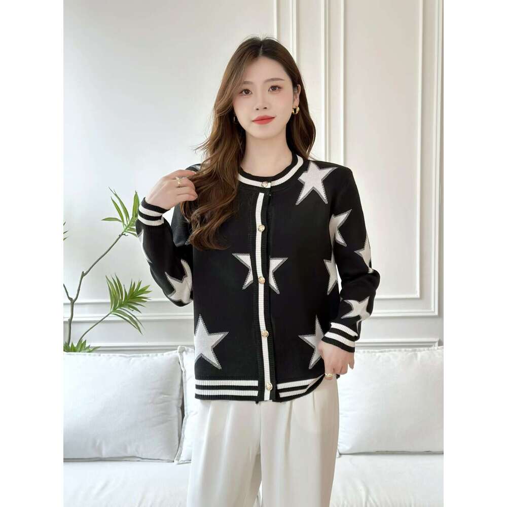 High-End Niche Designer Lazy Style Color-Block Five-Pointed Star Knitted Cardigan Fashion Versatile Slimming
