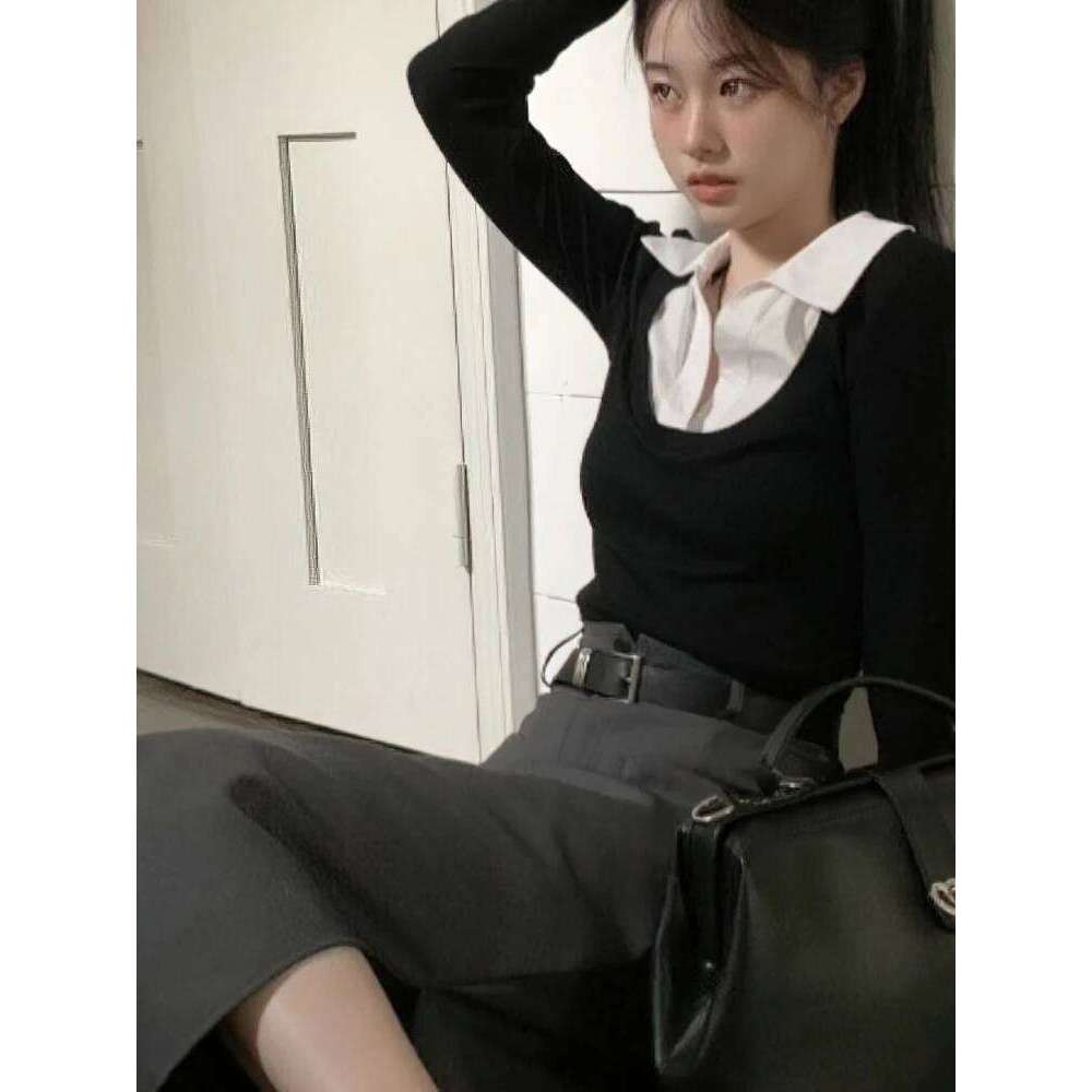 False Two piece Long sleeve Cropped T-Shirt With Collar Women Sexy Body Polo Neck Crop Top Spring Fall Basic Tee Lady Korean New 26W0224