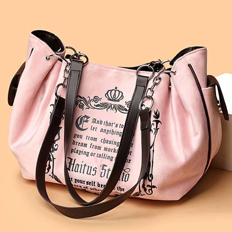 Letter Print Faux Suede Women Handbag Shoulder Bag, Retro Large Capacity Tote for Daily Commuting and Hand-Carry.Pumpkin Bag Z260224