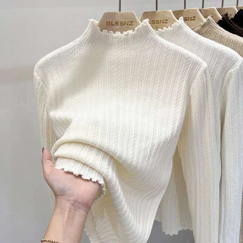 2025 Autumn Winter Ruffled Collar Women Sweater Fashion Solid Pullovers Knitted Tops Ladies Long Sleeved Base Layer Jumpers 26L0224