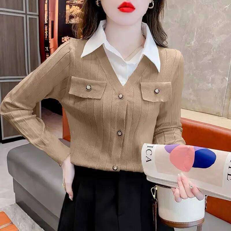 Preppy Style Fake Two-piece Patchwork Pullovers Autumn Winter Polo Neck Long Sleeve Office Sweaters Fashion Trend Women Clothing 26W0224