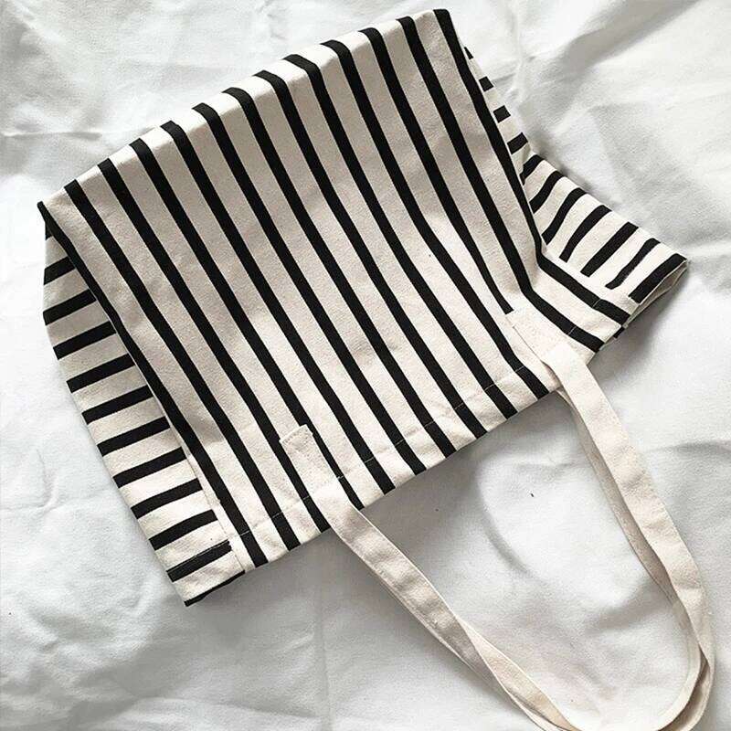 New Beach Fashion Women Canvas Summer Large Capacity Striped Bag Tote Handbag Shopping Shoulder Bags Z260224
