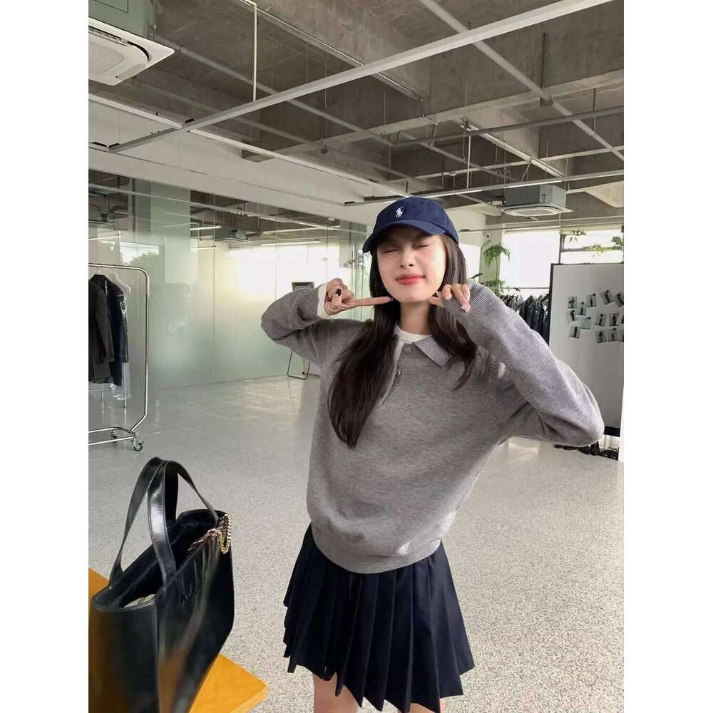 Korean Youthful Embroidered Polo Collar Knit Top Women Lazy Style Versatile Loose Fit Lapel Long Sleeve Casual Pullover 26W0224