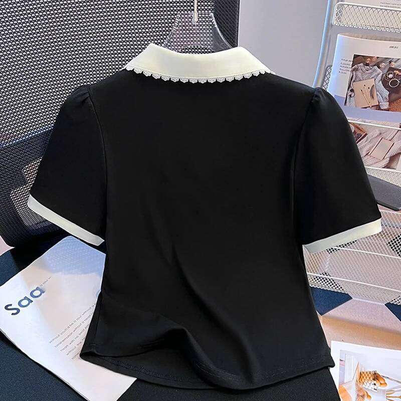 Women Peter Pan Collar Short Sleeve T Shirt Summer New Design False Two Piece Top Blouse 26W0224