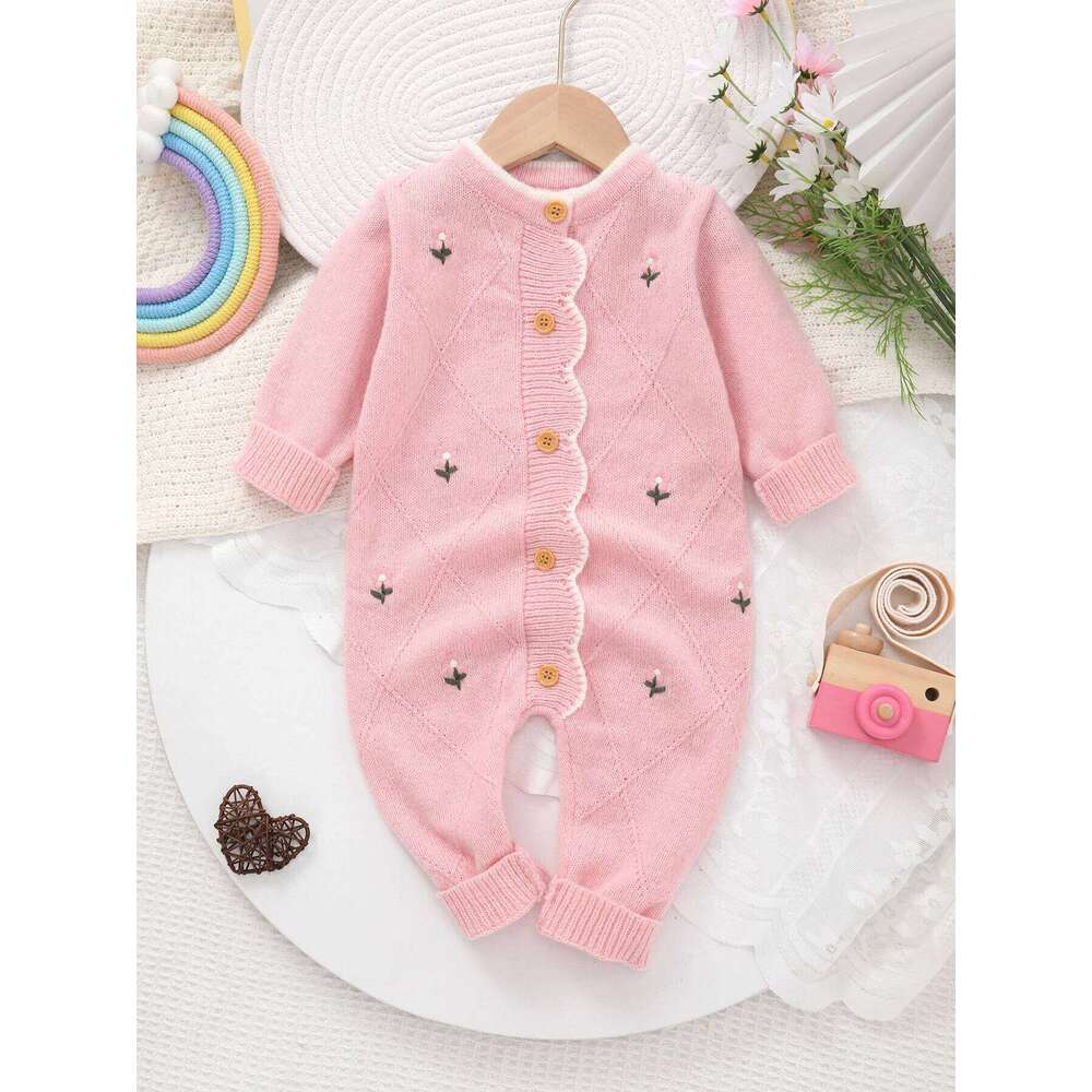 Spring and Autumn Baby Flower Embroidery Long Sleeve Knitted Children's Embroidered Footed Jumpsuit 26H0224