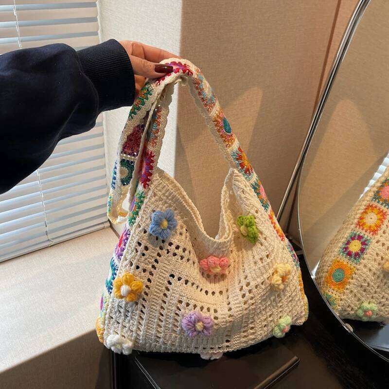 Women Cute Knitting Tote Wear Resist Lovely Woven Stylish Knit Shoulder Seaside Trip Shopping Beach Bag Z260224