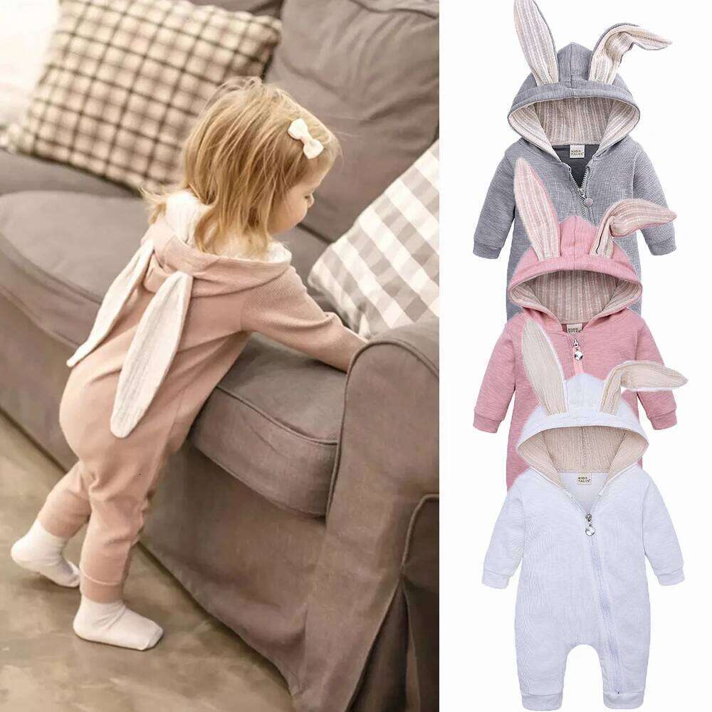 Autumn Newborn Clothes Baby Girls Pink Bunny Romper Infant Cute Cotton Jumpsuit Toddler Playsuit Overalls Boys Long Sleeve Cloth 26H0224