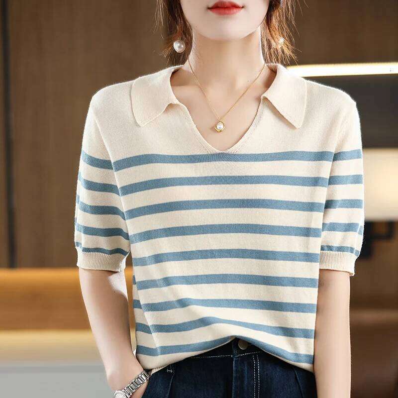 100% pure cotton women's T-shirt summer new striped knitted short sleeved loose Tops POLO collar Tees Lady Blouse 26W0224
