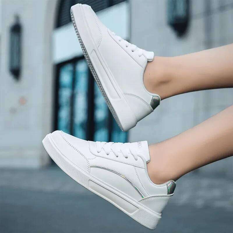Fashion Woman White Pu Leathe Sport Women Flats Mesh Breathable Running Walking Shoes New Chunky Sneakers Zapatos De Mujer