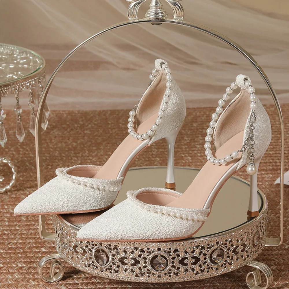 High Heeled Shoes Womens Sandals with A Thin Heel and Pointed Toe Straight Cut Lace Surface White Pearl Bridal Women 260208